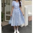 Short-sleeve V-neck Plain Tie-waist Midi Dress