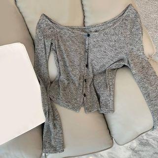 Long-sleeve Off-shoulder Button-up Top