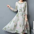 3/4-sleeve Floral Chiffon A-line Dress