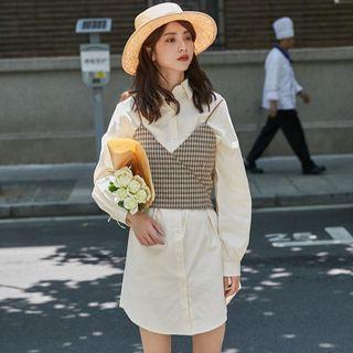 Plain Button-up Shirtdress With Plaid Tank Top Almond - One Size