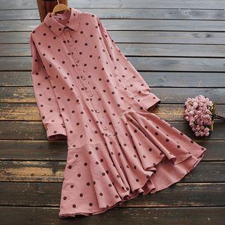 Dotted Ruffle Hem Long-sleeve Midi Shirtdress