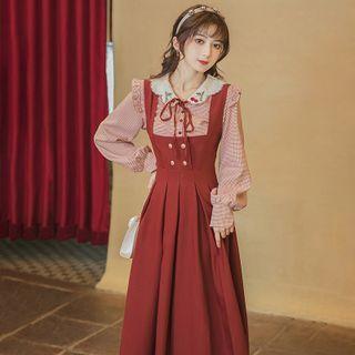 Lantern-sleeve Blouse / Midi A-line Overall Dress / Set