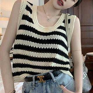 Striped Pointelle Knit Tank Top Black & Beige - One Size