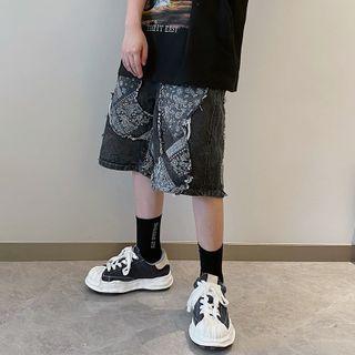 High-waist Washed Denim Printed Straight-cut Shorts