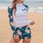 Set Of 2: Long-sleeve Floral Print Swim Top + Swim Shorts
