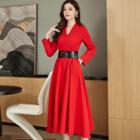 Belted Long-sleeve V-neck Midi A-line Dress