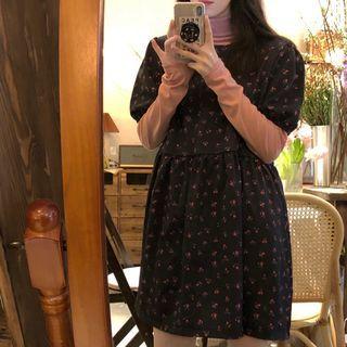 Round-neck Floral Print Mini Dress Black - One Size