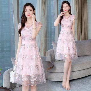 Short-sleeve Floral Embroidered Mesh Dress