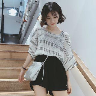 Striped Elbow Sleeve Chiffon T-shirt