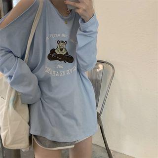Long-sleeve Print Cold-shoulder T-shirt
