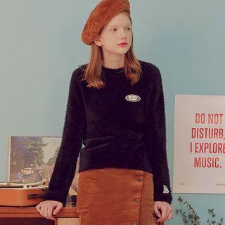Letter Patch Faux-fur Sweatshirt Black - One Size