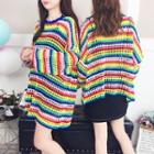 Cable Knit Long-sleeve Color Block Sweater Long - One Size