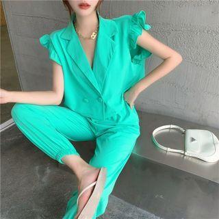 Sleeveless Ruffled Double-breasted Blazer / Wide Leg Pants