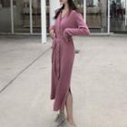 Long-sleeve Single-breasted Midi Knit Dress