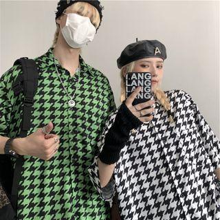 Elbow-sleeve Houndstooth Print Shirt