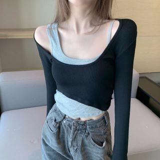 Set: Long-sleeve Off-shoulder Crop Top + Camisole Top