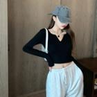Long-sleeve Split-neck Crop Top