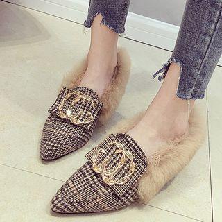 Furry Panel Block Heel Pointy Pumps