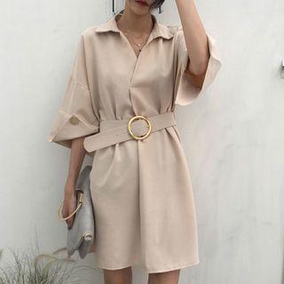 Turnup-sleeve Sleek Shirtdress With Belt Beige - One Size