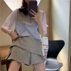 Set: Color Block Vest + Wide-leg Shorts Vest - Gray - One Size / Shorts - Gray - One Size