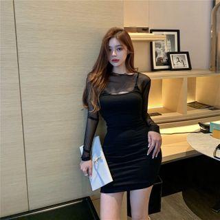 Long-sleeve Mesh Shrug / Spaghetti Strap Mini Bodycon Dress