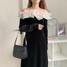 Off-shoulder Ruffled Midi A-line Velvet Dress Black & White - One Size