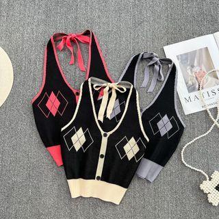 Color Block Argyle Halter Knit Tank Top