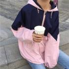 Color-block Zip Long-sleeve Hooded Jacket Pink - One Size