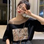 Mesh Panel Short Sleeve Sequined Top Black - One Size