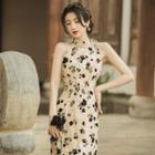 Halter-neck Floral Embroidered Split Maxi Qipao Dress