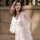 Lace Elbow-sleeve V-neck Maxi A-line Dress