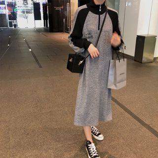 Lettering Two-tone Half-zip Midi Pullover Dress
