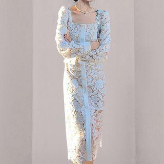 Square Neck Lace Midi Sheath Dress