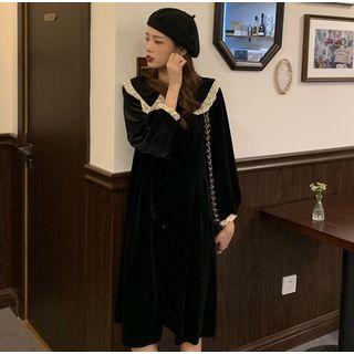 Lace Trim Long-sleeve A-line Midi Velvet Dress Black - One Size