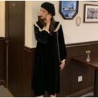 Lace Trim Long-sleeve A-line Midi Velvet Dress Black - One Size