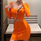 Set: Square-neck Long-sleeve Crop Top + High-waist Mini Skirt