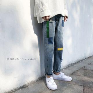 Color Block Distressed Straight-cut Jeans