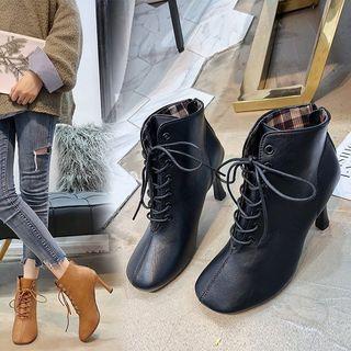 Square-toe High Heel Lace-up Ankle Boots