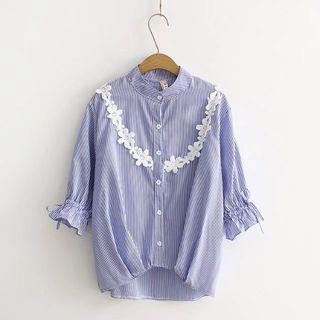 Elbow-sleeve Lace Front Striped Blouse