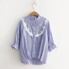 Elbow-sleeve Lace Front Striped Blouse