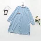 Cat Embroidered Denim Shirtdress Cat Embroidery - Blue - One Size