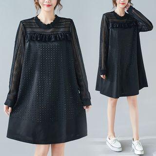 Long-sleeve Embellished Mesh Panel A-line Dress