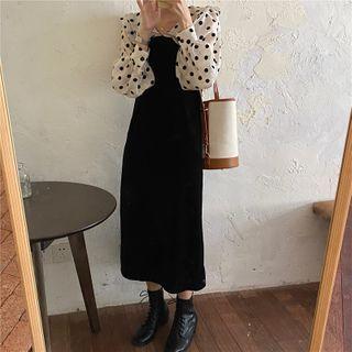 Long-sleeve Mock Two-piece Dotted Midi Dress