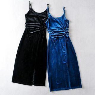Spaghetti Strap Ruched Velour Midi Sheath Dress