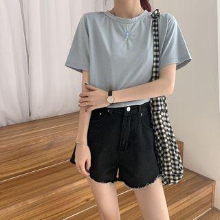 Short-sleeve Floral Embroidered T-shirt / Spaghetti Strap Top