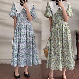 Puff Sleeve Frill Trim Collar Floral Print A-line Dress