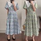 Puff Sleeve Frill Trim Collar Floral Print A-line Dress