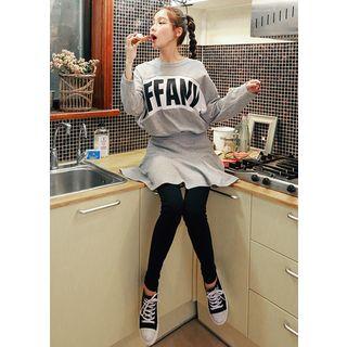 Set: Long-sleeve Lettering T-shirt + Mini Flare Skirt