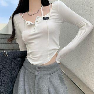 Long-sleeve Halter-neck Henley Cropped T-shirt