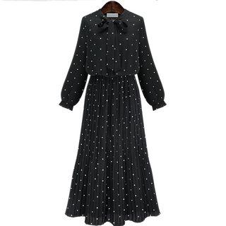 Dotted Bow Accent Long-sleeve Maxi A-line Dress